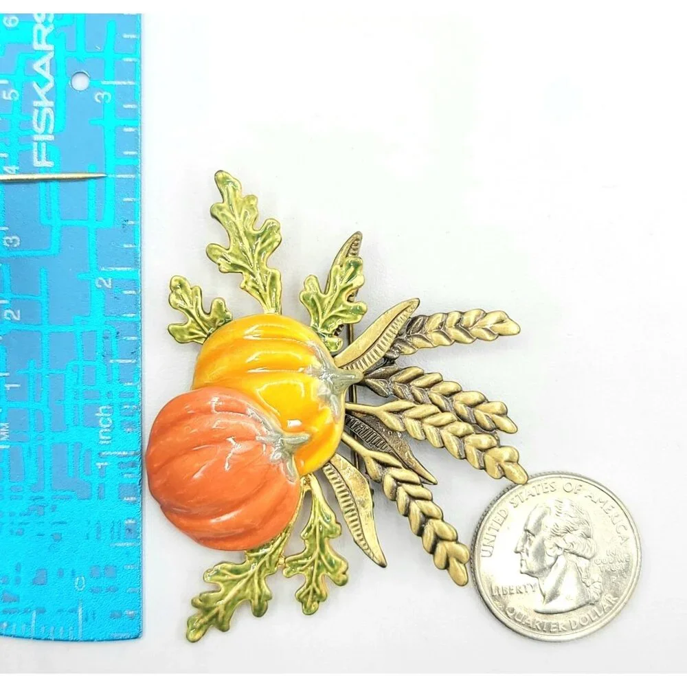 Kenneth Cole Pumpkin Leaves Orange Yellow Green Enamel Brooch, Signed